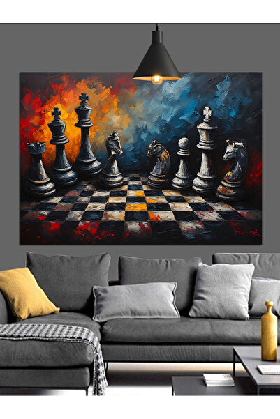 Artmeg Chess Pieces on Dark Background Decorative Canvas - Mdf Wood Painting