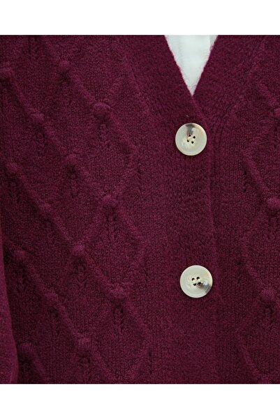 Modamorfo V-Neck Large Button Patterned Knitwear Cardigan - Burgundy