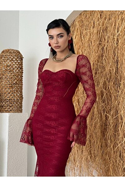 ETİKAFASHION Kalp Yaka Korsaj İspanyol Kol Dantel Kadın Elbise