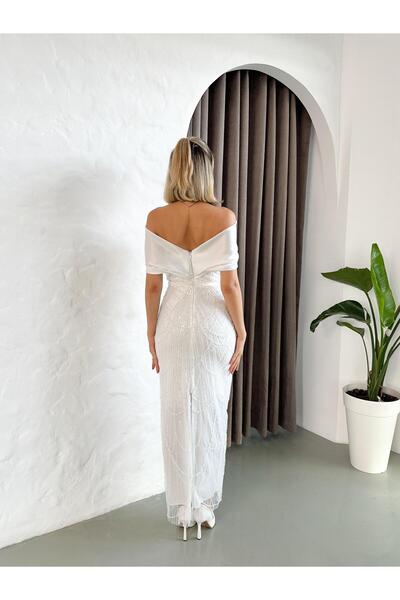 Livanomi Düşük Omuz Üzeri Taş Boncuk İşlemeli Beyaz Uzun Abiye Elbise