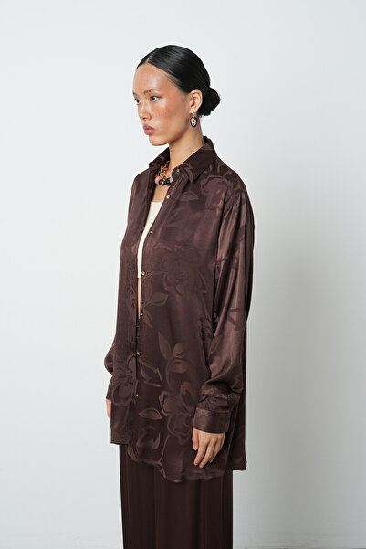 Orfeo Negro Women's Brown Patterned Oversize Hijab Shirt