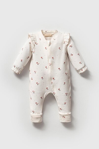 Magu Baby Girl Organic Cotton Ecru Floral Print Ruffle Sleeve Romper - Comfortable and Cute