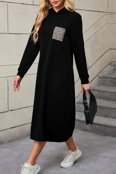 Mossta Hooded Leopard Pocket Detailed Viscose Two Thread Dress - Black