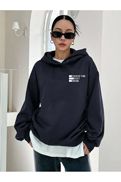 Trend Sizde Φούτερ με κουκούλα Unisex Navy Blue Efech με στάμπα