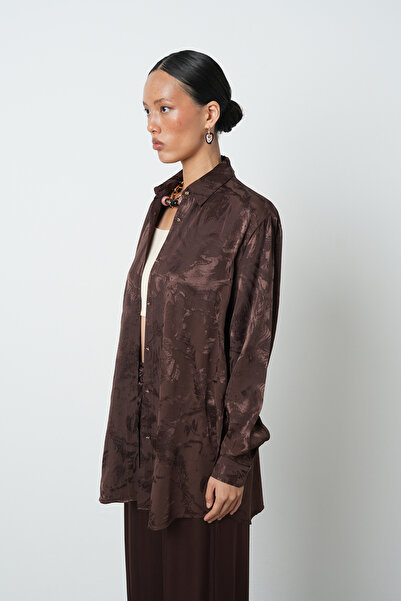 Orfeo Negro Kadın Kahverengi Karışık Desenli Oversize Tesettür Gömlek