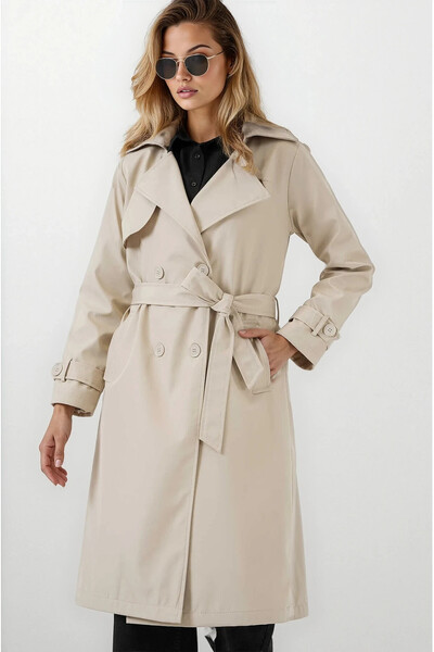 hazelin Women's Beige Double Breasted Collar Belted Lined Trench Coat Hzl25W-Bd159181