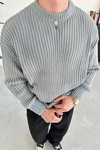 HAFKAGİYİM Gray Crew Neck Ribbed Oversize Knit Sweater