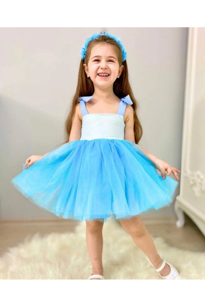 kidstalya فستان الطفل مع حزام أزرق وتنورة توتو