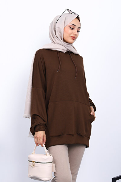 İmajButik Μπλουζάκι Modal με τσέπες καφέ καγκουρό