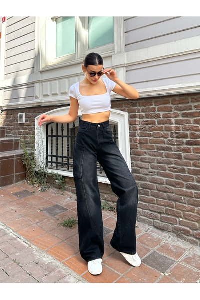 pass&pass Y2K Side Pocket Front Side Pocket Detail Wide Leg Black Chemical Washed