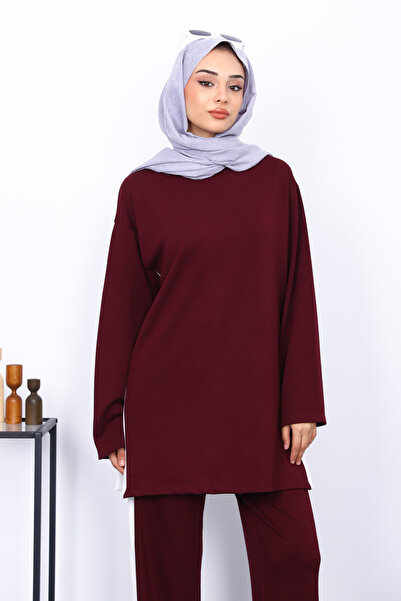 İmajButik Plum Color Block Modal Tunic Trouser Set