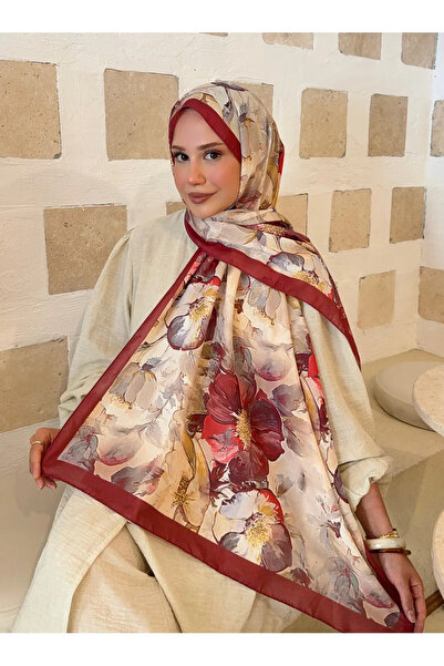 Nûda - Tarzın Değil , Tavrın Zarafeti Mira Silk Patterned Cotton Soft Shawl Inspiration Series Burgundy-Cream