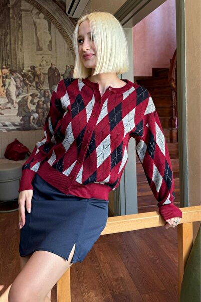 Madmext Burgundy Baklava Patterned Crew Neck Women's Cardigan Mg2496