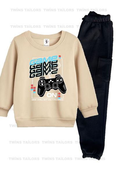 twins tailors Σετ παιδικής φόρμας Unisex μπεζ-καφέ 2 τεμαχίων με στάμπα αστροναύτη και χειρολαβή παιχνιδιού και εσωτερική επένδυση