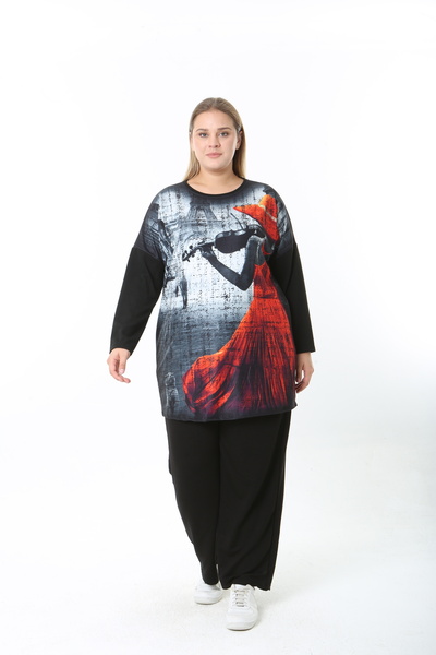 XL Modam Wool Viscose Patterned Lycra Women's Plus Size Tunic
