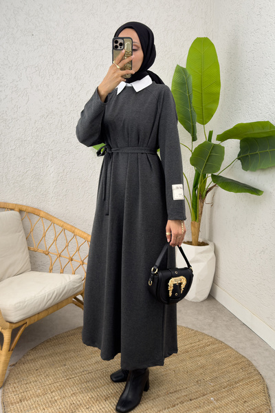 Salih Çelebi İki İplik Kuşaklı Elbise 0007 - ANTRASİT