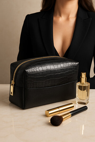 B&W Case حقيبة يد ومكياج يومية متعددة الوظائف - مزودة بمقبض أسود منقوش