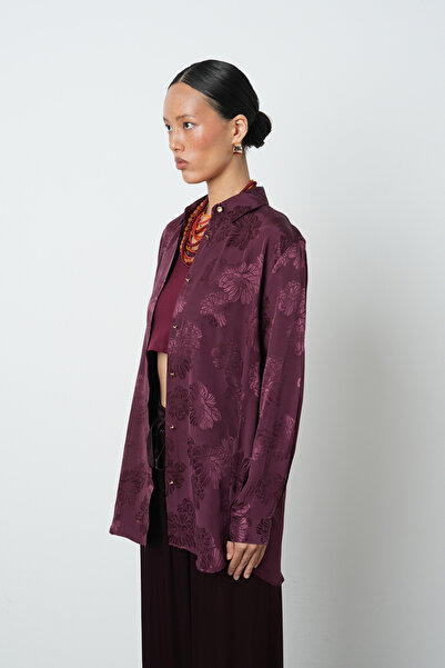 Orfeo Negro Γυναικείο πουκάμισο με λουλουδάτο σχέδιο σε μπορντό χρώμα, υπερμεγέθη κομμένο χιτζάμπ
