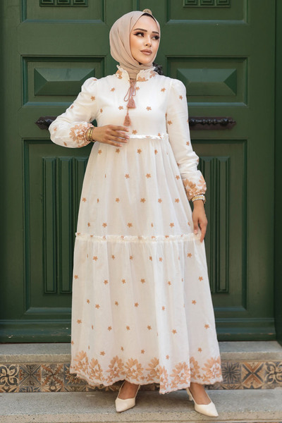 N.S NEVA STYLE Floral Patterned Beige Hijab Dress 1381Bej