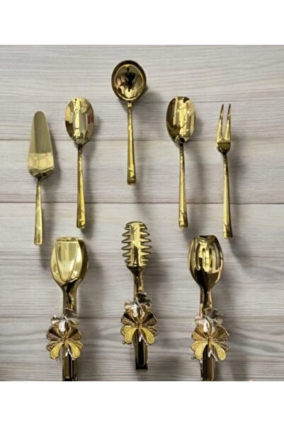PONCİKPAZAR 8-Piece Stainless Steel Gold Colander, Ladle, Shovel, Fork, Spoon, Butterfly Tongs Serving Set, Dowry