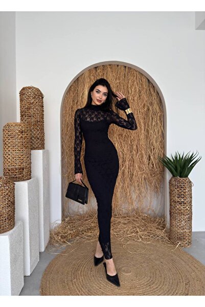 ETİKAFASHION Hakim Yaka Dantel Slim Uzun Elbise