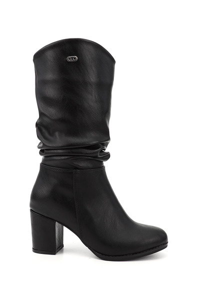 GÖNDERİ(R) Kadın Siyah Yuvarlak Burun Körüklü Kalın Topuklu Çizme