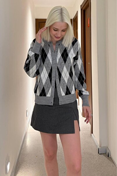 Madmext Gray Argyle Patterned Crew Neck Women's Cardigan Mg2496