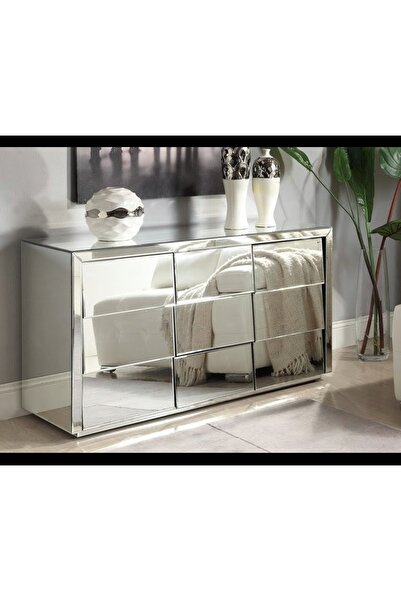 LUXURY VİLLA ŞİFONYER KOMPLE GÜMÜŞ AYNALI 9 ÇEKMECELİ ŞİFONYER 132X45 YÜKSEKL...