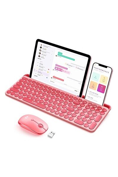 Seenda Yuvarlak Tuşlu Sevimli Kablosuz Klavye ve Mouse, Bluetooth 2.4g - Pembe