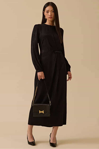 SEÇİL Kadın Desenli Boncuk Detaylı Saten Elbise - Siyah