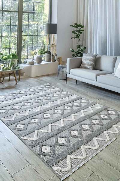 Decomia Home Nora Dokuma Bukleli İskandinav Modern Gri Salon Halısı Mutfak Halısı Halı Yolluk