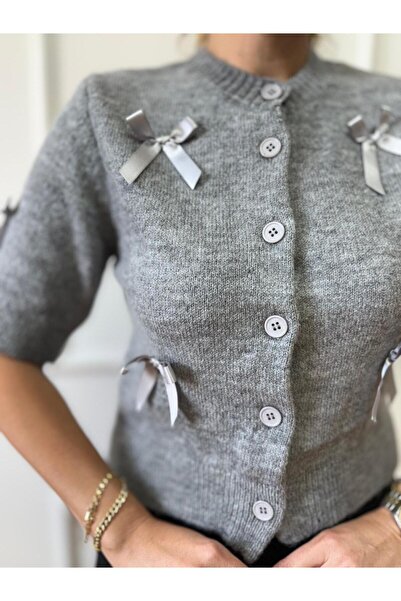 Size Özgü Gray Bow Half Sleeve Cardigan