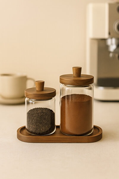 Mottogo Set of 2 Acacia Vacuum Lid Glass Jars 450ml - 700ml
