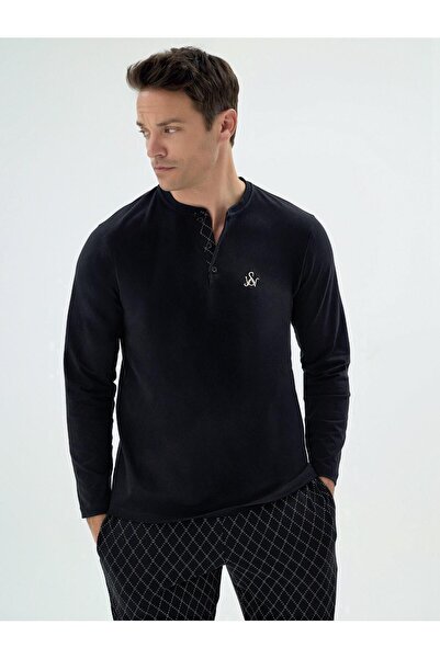 Svm Svman 9643 Erkek Siyah SV Logo Yarım Düğmeli Uzun Kollu Şık Pijama Takım