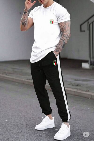 NO 601 Men's White Oval Slim Fit Tight T-Shirt Black Side White Tight Tracksuit Bottom Itali Printed Set