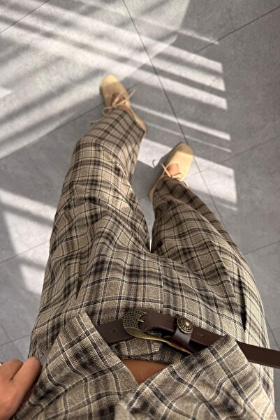 Le Savu Shilsee Women's Plaid Pattern Belted Pants Brown