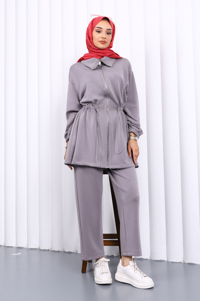 İmajButik Gray Elastic Waist Tunic Trouser Set