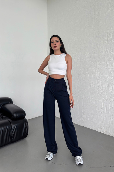 Alos Kadın Lacivert Düğmeli Pileli Yüksek Bel Likralı Krep Kumaş Bol Kalıp Palazzo Pantolon