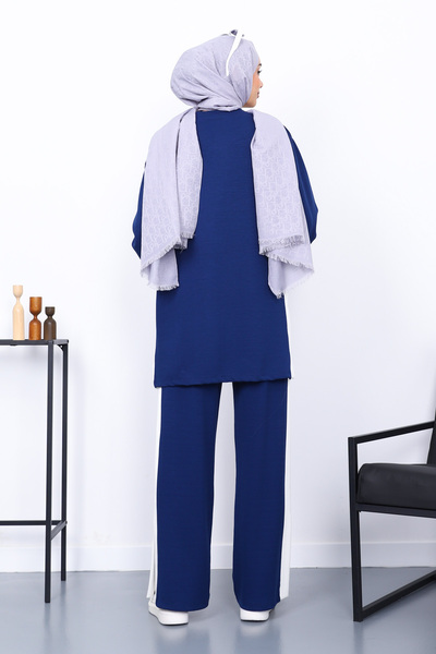 İmajButik Navy Blue Color Block Modal Tunic Trouser Suit