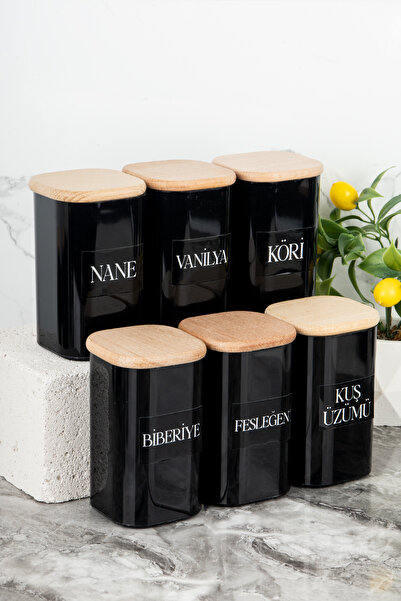 Dolkin Home 6 Pieces 250 ml Vacuum Bamboo Wooden Lid Black Acrylic Spice Jar ...