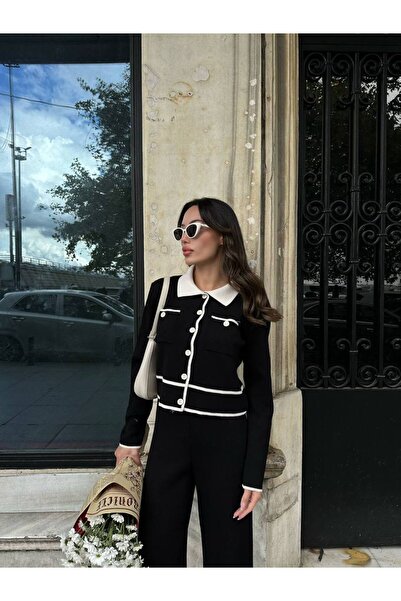 My Blog Costum negru elegant cu guler polo cu dungi contrastante - 609005