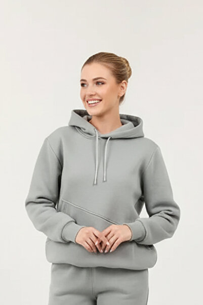 OXVİN Women's Hoodies Cross Kangaroo Pocket 3 Thread Puff Soft (Fleece Inside) K Hooded Sweatshirt - Oversize