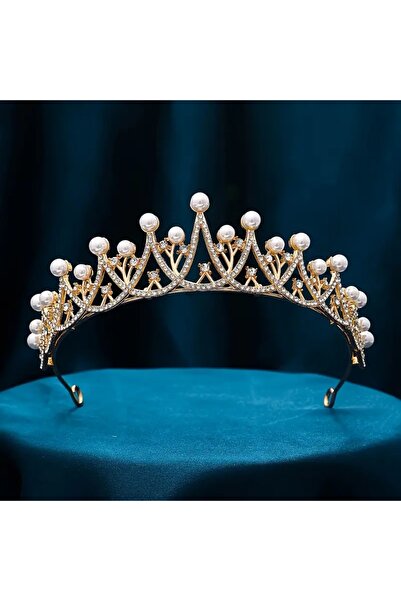 GlassySKY (Gold) İncili Taşlı Taç Düğün Gelin Kına Nişan Doğum Günü Mezuniyet...