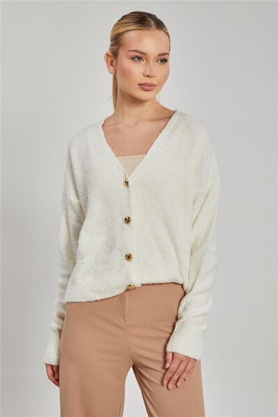 BARRELS AND OIL Kadın Düğmeli Buklet Hırka - Ekru