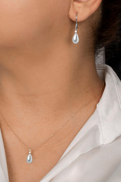 klas gümüş Gümüş Kadın Rodaj 2'li Set İnci Kolye Ve Anne Küpe 8x12 mm