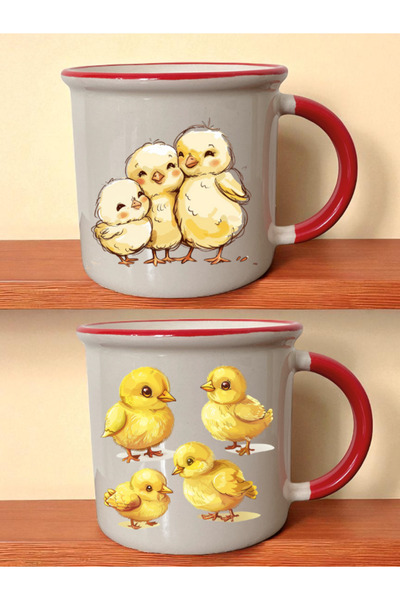 lili hediyelik أكواب مطبوعة بتصميم الكتاكيت باللون الأحمر - طقم من قطعتين - أ...