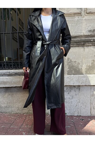 CARLA MARA Belted long leather overcoat