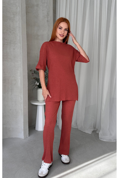 EYYE Tile Women's Cotton Short Sleeve Ribbed Blouse Pants Set