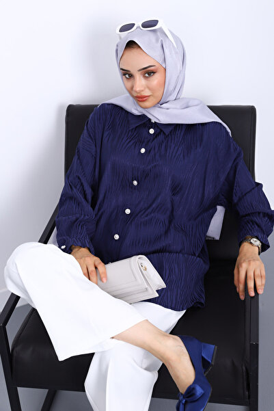 İmajButik Navy Blue Jacquard Buttoned Shirt