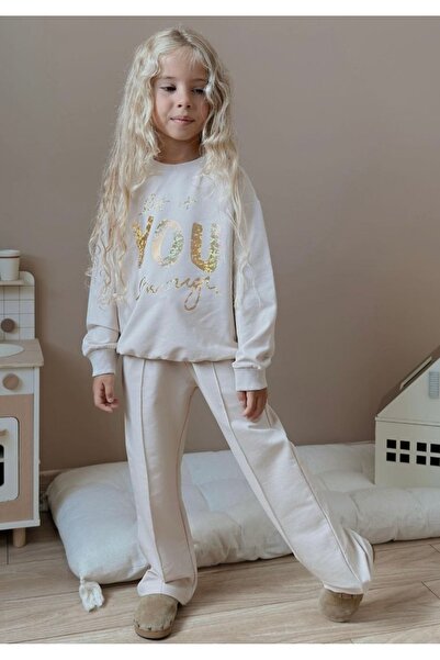 Patriko Girl's Ecru Color Wide-Lettered New Season Long Sleeve Bottom-Top Set